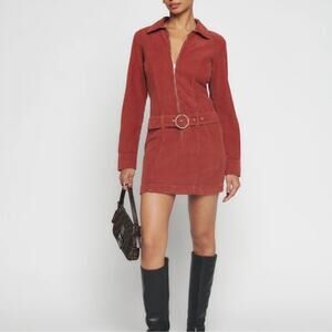 Reformation Women’s Nini Corduroy Oxide Rust Red Orange Long Sleeve Mini Dress